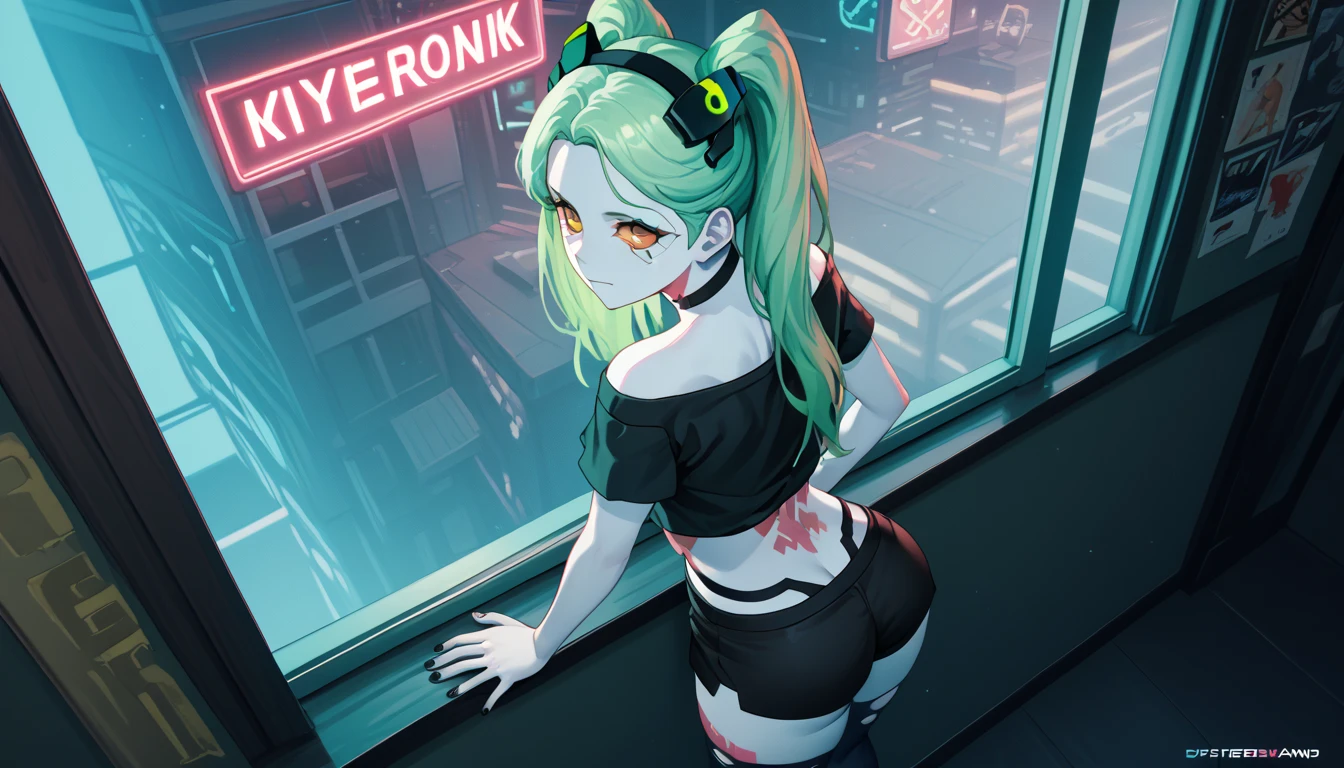 1girl, rebecca \(cyberpunk\), solo, twintails, black hairband mechanical eye, colored sclera, red sclera, colored skin, white skin, leg tattoo, neck tattoo, green hair, huge breasts, thong, red pupils, skin fang, red eyes, huge ass, nude