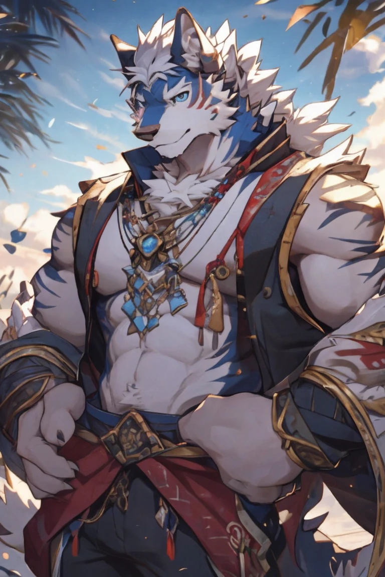Masterpiece, Solo, Furry Light Blue Wolf, Light Blue Fur,Dark Blue Eyes, Dragon Wings, Bulking Body, Dad bod body, Cool Pose, Charming, Handsome, Life Guard outfit, wearing cap, Milk from tits , cum everywhere