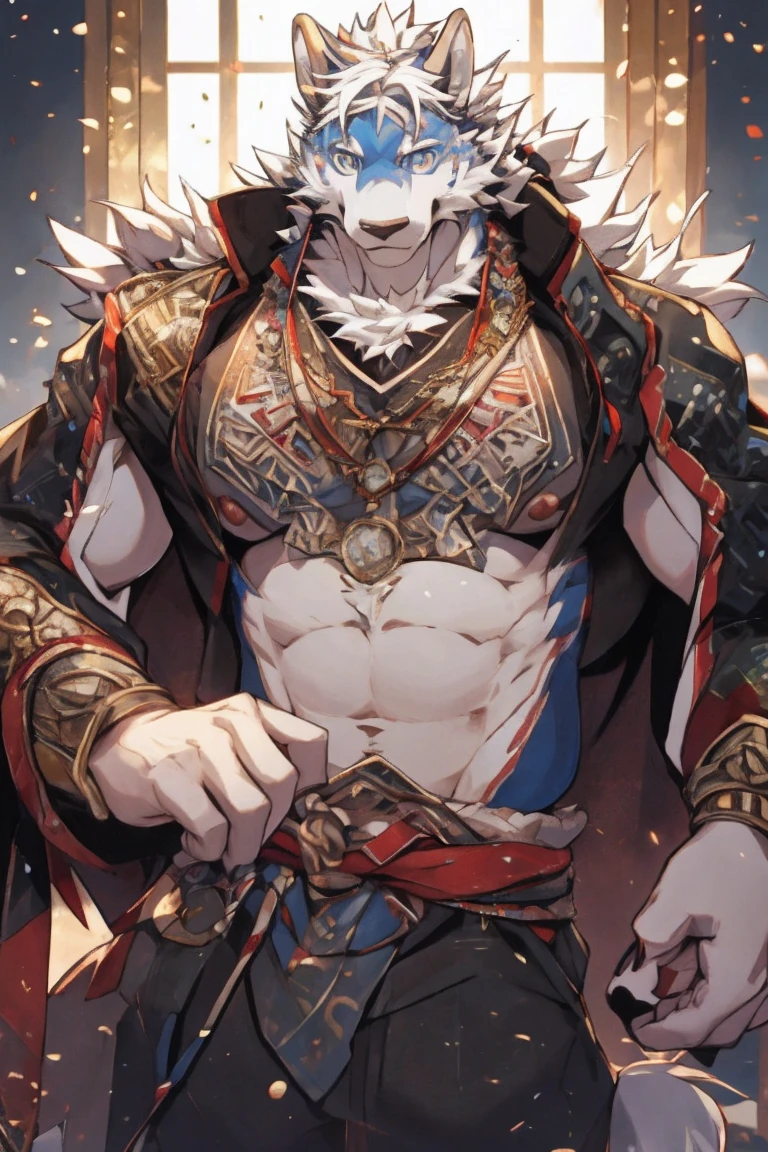 Solo, tiger, black tiger, tiger male, gray hair, white body fur, muscular male, elder male, light red eyes, wearing nothing,gray fur tuft, eastern necklace, star night background, ( by Sollyz, masterpiece, 8k, hd), Looking at viewer, smiling, detailed face, detailed eyes, detailed hair, detailed muscles, detailed clothes, Genshin, nsfw, nude lower body, big penis, jerking cock, cum on full body,