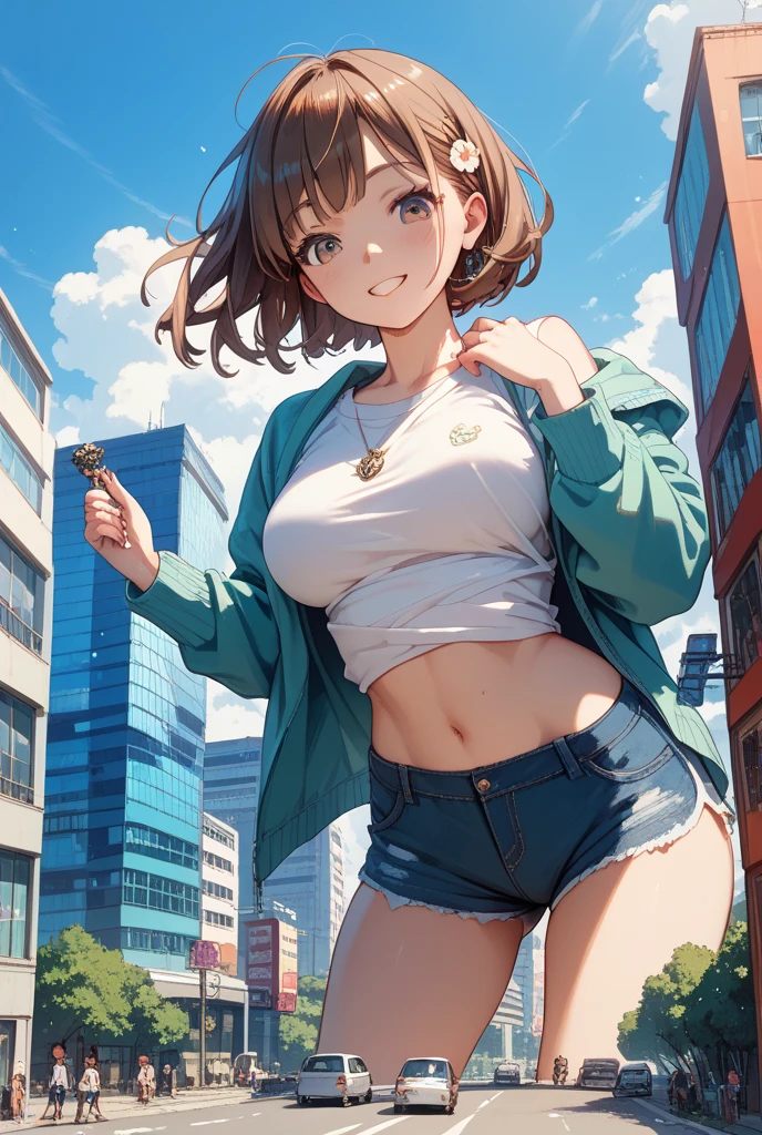 score_9_up, score_8_up, score_7_up, 1girl, solo, source_anime, hourglass figure, Big breasts, kemonomimi, bear ears, brown hair, short hair, messy_hair, blue eyes BREAK freckles, green shirt, short sleeves, navel, denim shorts, high socks, white socks, green sneakers, floating on air, background sky, cloudy sky, clouds, blue sky, heart balloons, holding balloons, smile, open mouth, blush, looking at viewer 
