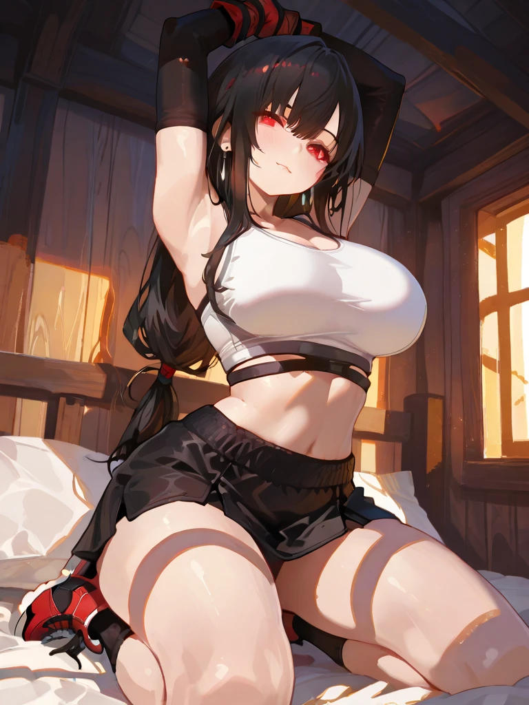 ((Masterpiece:1.2)), Best quality, Pretty face, Dramatic lighting,1 girl lying on the bed,White bikini, Solo, Blunt bangs, hime-cut, Black hair, Collar, mascara, ((Red eyeshadow)), Long hair, side locks, Floating hair, view the viewer, (Makeup), Red eyes, parted lip, Light smile, (half closed eyes), Genshin Impact,Busty body,thick leg,The legs are thick,breasts focus,breast close-up,breasts focus,4K,Photorealistic,Seductive looks,Eyes tease ,bite lips,Ass focus,Sexy plump,breasts focus,gigantic ass,Detailed curves,upper legs,Visit in the evening