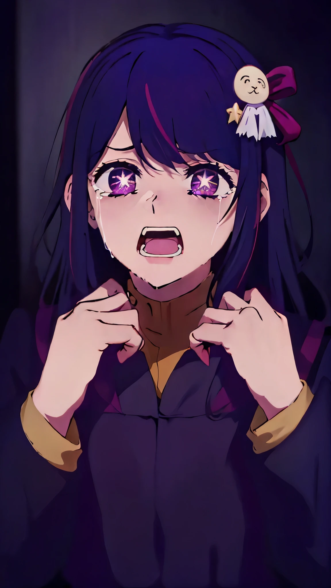 best quality, masterpiece, Hoshino Ai, long hair, purple hair, streaked hair, purple eyes, star-shaped pupils, hair ornament, ds9st red and black uniform ds9st command comm badge Constricted pupils, scared, shadowy, crying, open_mouth expression