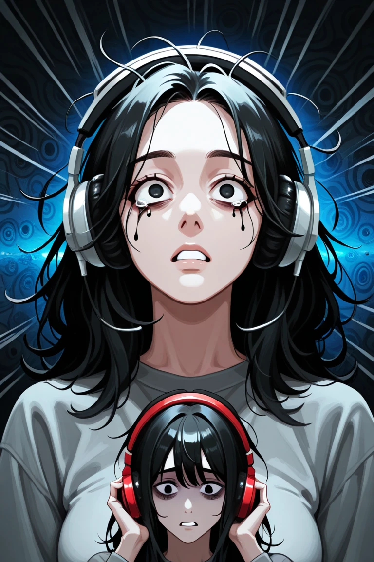 Best quality, masterpiece, a girl, black hair, white shirt, headphones, open mouth, tears, blood on the ground, terrified expressions, on a helicopter, close-up, girl front
