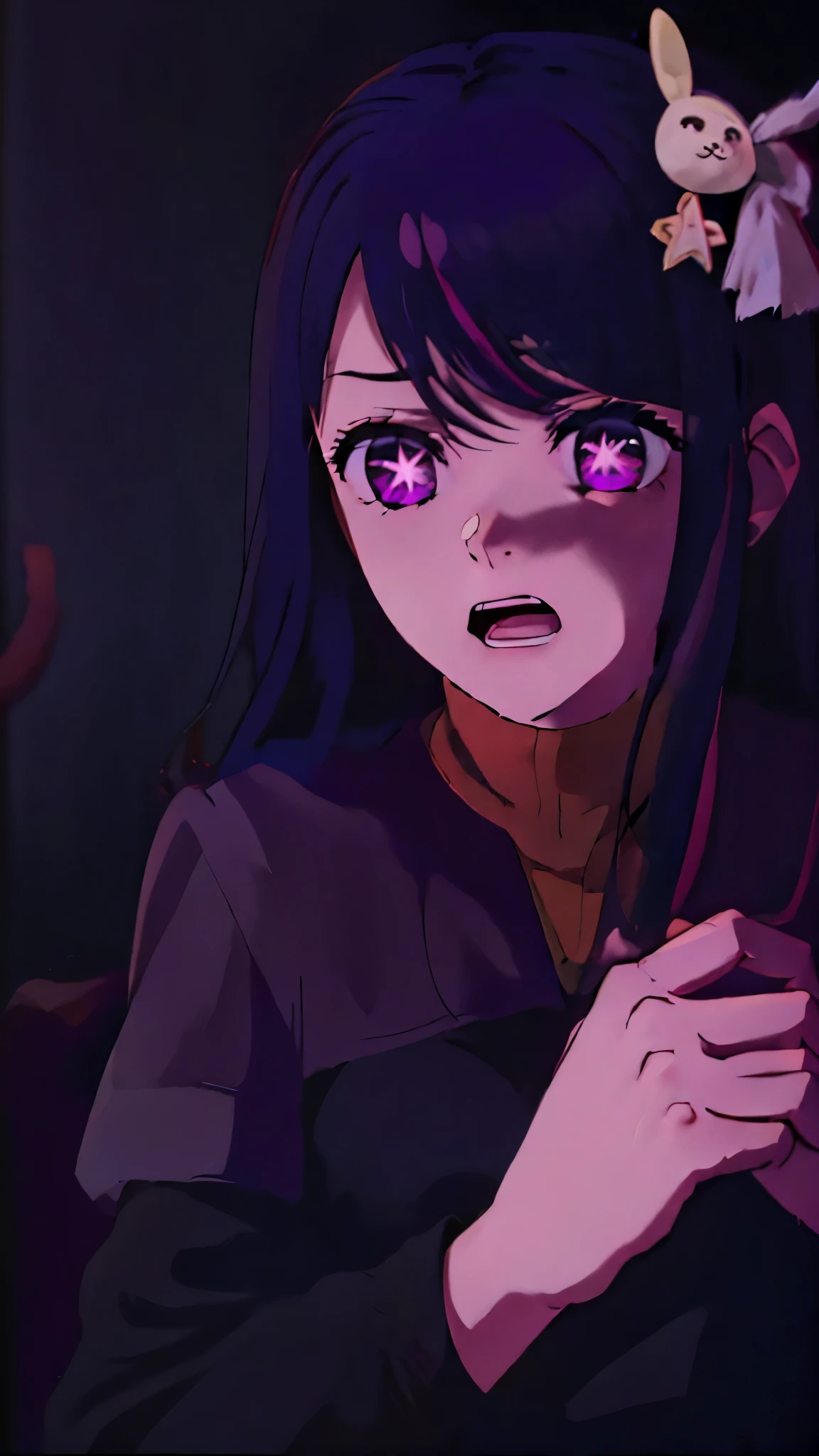 best quality, masterpiece, Hoshino Ai, long hair, purple hair, streaked hair, purple eyes, star-shaped pupils, hair ornament, ds9st red and black uniform ds9st command comm badge Constricted pupils, scared, shadowy, constricted pupils, open_mouth expression