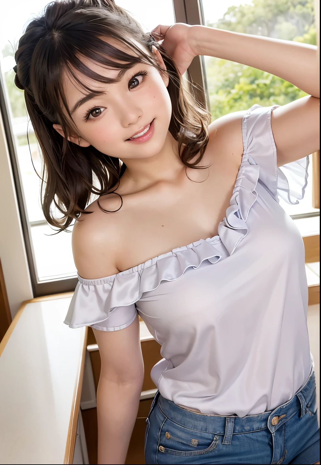 (Highest quality,masterpiece:1.3,Ultra-high resolution),(Very detailed、Caustics) (Realistic:1.4, RAW shooting、)Ultra-Realistic Capture、Very detailed、Natural skin texture、masterpiece、(Ruffled mini tank top、Japanese elementary school girl wearing shorts:1.3)、Adorable expression、Expressions of happiness、10 years old、height: 140cm、Baby Face、Pure girl、Amazingly cute、Twin tail hairstyle、Curly Hair、ribbon、Black Hair、Big breasts spilling out of the tank top、Shining thighs、Shining ass、necklace、Bare arms、Neon city at night、Standing at the entrance to a sex shop、Background details、smile、An inviting gaze、(Anatomically correct)、Cowboy Shot、Attention to detail、Not NFSW clothing、