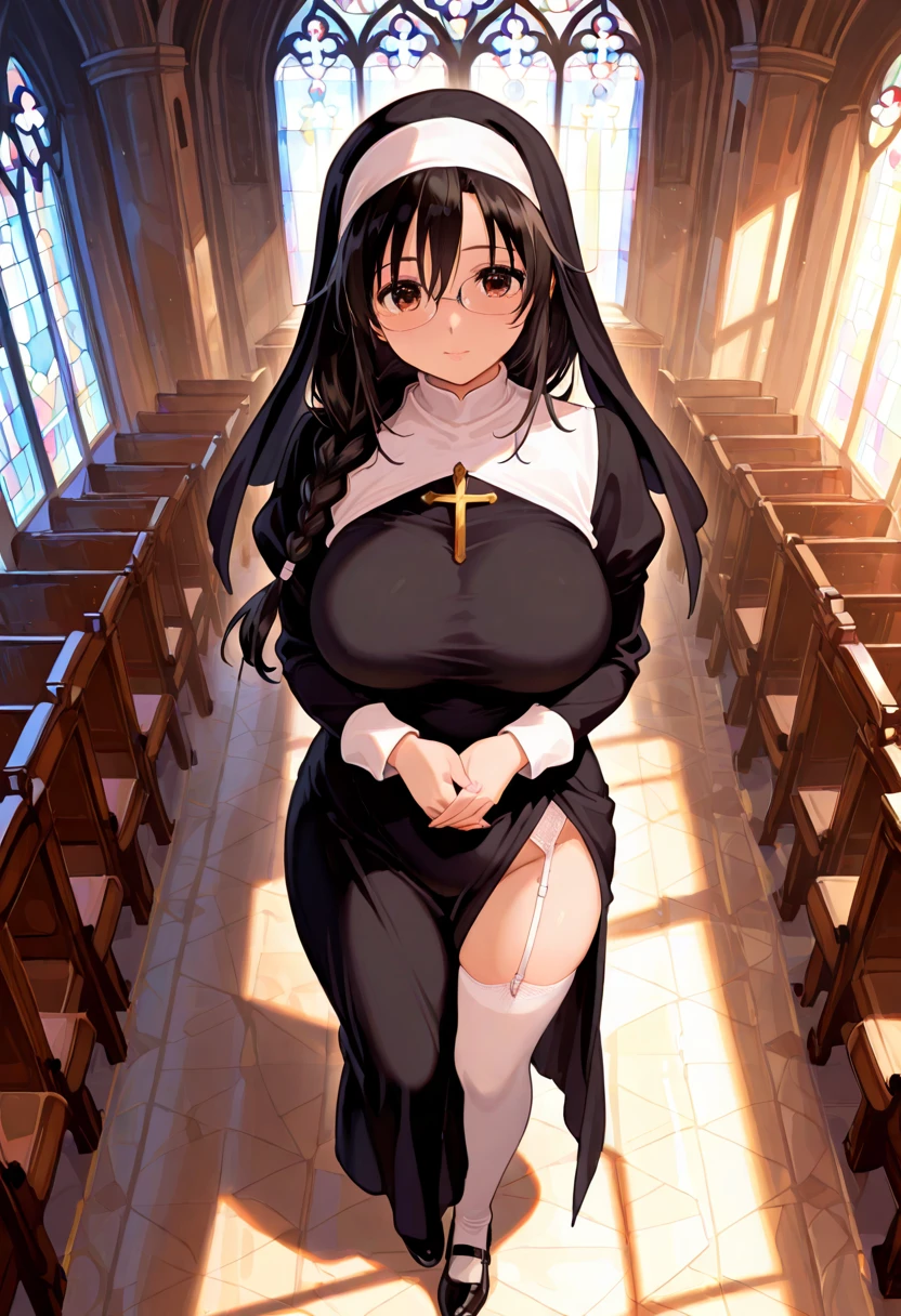 8k, (Masterpiece: 1.3), top quality, beautiful, super detailed, highly detailed,Highly detailed beautiful face and eyes, beautiful detailed eyes, super fine illustrations,kawaii,Cute,NSFW, ((Lower grade)), a beauty girl, 3girls, Yuri, (((lewd nun))),20 years old, group shot, veils, (Big and round breasts:1.2), Saggy breasts, (bare breasts:1.2), middle hair, Voluminous straight hair, Sauce order, Blue eyes, erect nipples, black lace panties, (Pubic hair:1.2), Clothed, Garter Belt, thighhighs, Rosary Necklace, sweat, Lewd smile, church background, lens flare backlighting, extremely detailed Stained glass, multicolored Stained glass, (girl sit on desk:1.2), spread legs, legs up, (Put your hands together in front of your chest, own hands clasped),lower body, from below, panty focus, long shot, POV, Viewer sits on the floor