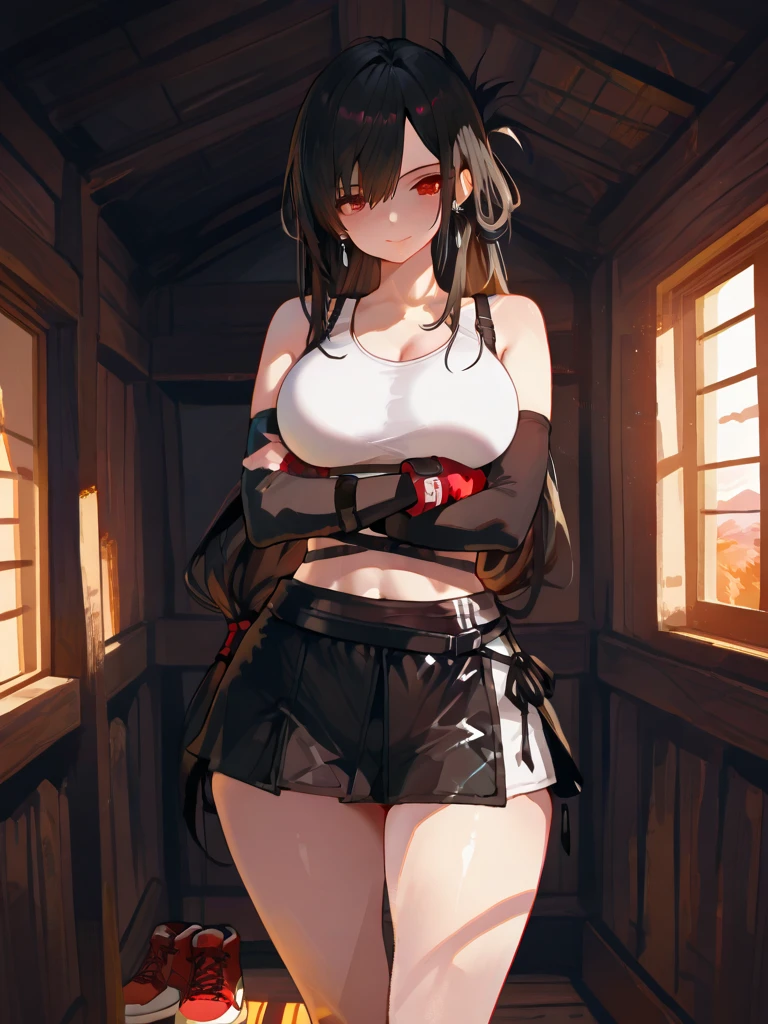 Highest quality, 1girl, solo, black hair, black eyes, pale skin, gray uniform, large breasts, wide hips, fox ears, fox tail