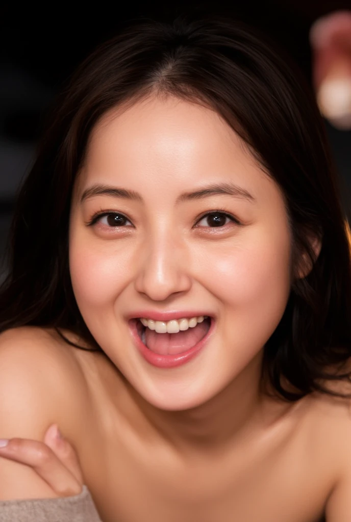 ((8K resolution))、((Highest quality))、((masterpiece))、((Very detailed))((((dramatic))), (Anatomically correct)、The depth of the object to write、woman、smile、Open your mouth、glamorous、(Completely naked、Front paste)、(theme、whole body:1.1)