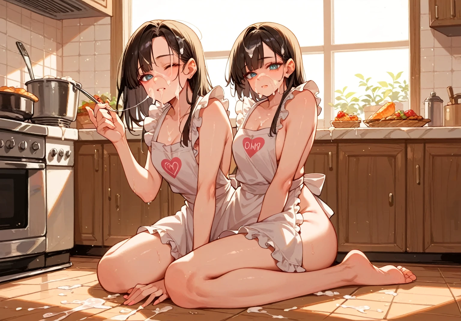 ((masterpiece, best quality, 16k, ultra detailed, high resolution, )), 14yo, cute girl, twin tails hair, black hair, hair band, slender body, pointy breasts, (tanned glossy skin, ), nude, pussy, (white waist apron, ), ((show off nipples, )), seductive smile, luxury hotel kitchen,