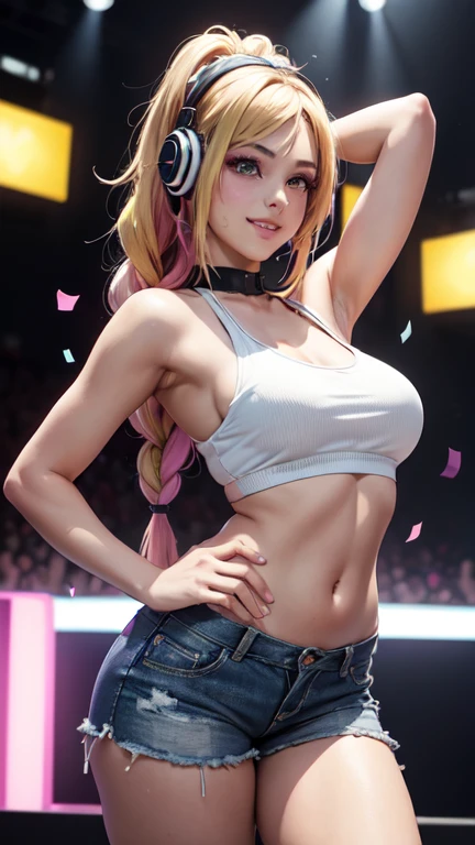 huge boobs. A Western woman with straight blonde and pink two-tone hair styled in a sleek ponytail, wearing a bright yellow bikini. a model looking directly at the camera. on the stage. no background. solo.
she is walking.