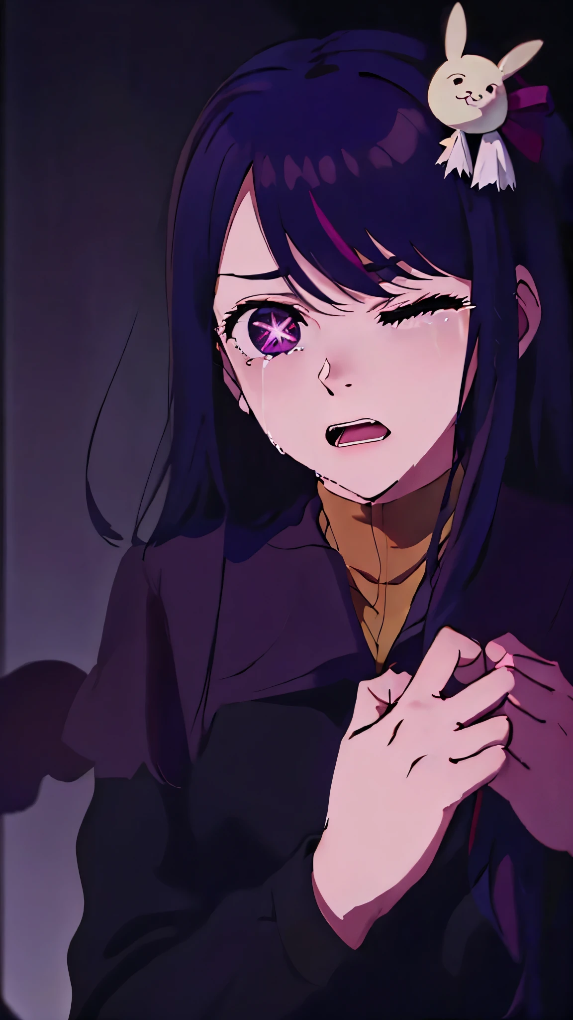 best quality, masterpiece, Hoshino Ai, long hair, purple hair, streaked hair, purple eyes, star-shaped pupils, hair ornament, ds9st red and black uniform ds9st command comm badge eyes closed, wincing pain, scared, shadowy, crying, expression