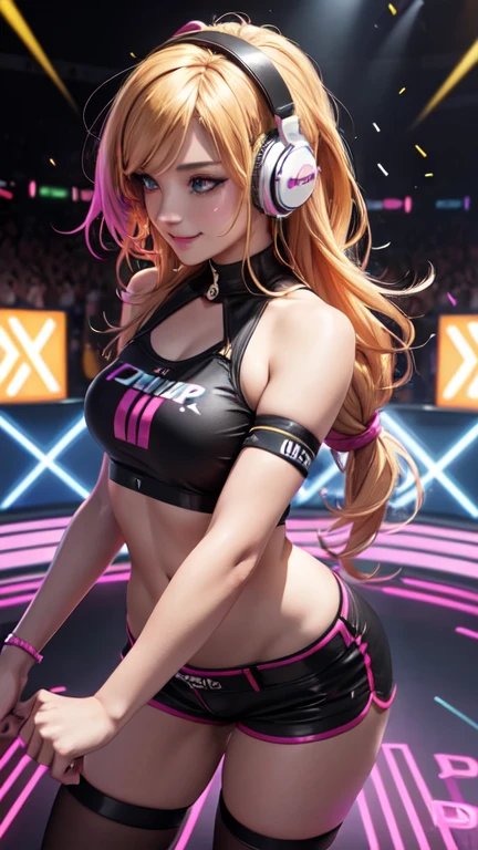 8k, masterpiece, best quality, realistic, higly detailed, cowboy shot, 1girl, solo, miku, emotionless looking girl, medium-length red hair, strands of hair hanging over the right side of her face, a set of wireless headphones that have a triangle-shaped logo on the ear cups around her neck, dark blue eyes, average height, well-endowed figure, large breasts, bangs cover her right eye, UFC Fighter
