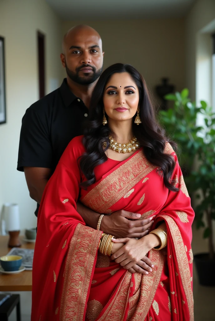 Newly wed couple, hot south indian curvy milf with black twisted tied hair, big breast, big hip, big ass, thick thighs, woman wearing saree, indian couple, short brown man with side fade haircut, big muscular body and beard, man wearing suit, in wedding bedroom, woman holding man hand, high resolution, looking at camera, front body close-up view
