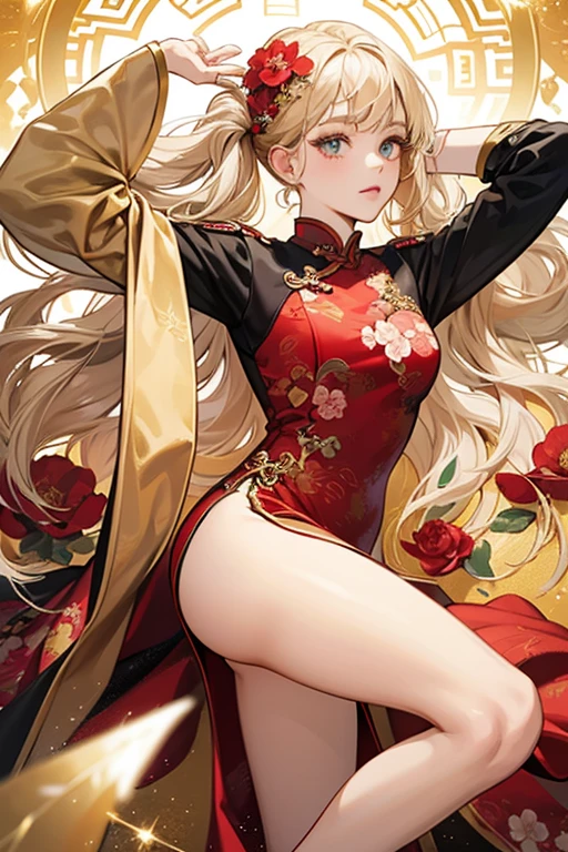 (High resolution), (32K), (very very highly detailed), (Best illustration), (beautiful and delicate eyes), (best quality), (super detailed), (master piece), (Detailed and delicate face), solo,Highly detailed face and skin texture,fine eyes,double eyelid,Spread your legs and use props、very shy、blush、spread legs,high details,Wear pin heels,(dynamic pose),1 female, black long hair , Pitch black eyes, long legs, (camel toe),(((big breasts)))、Exposing genitals without wearing pants,camel's toe,The protruding PUssy ,cocked ass,I grew up sexy、(((Luxurious floral pink cheongsam)))、Forehead、best style、nipple