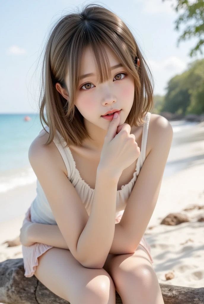 (Best Quality,4K,8K,hight resolution,masutepiece:1.2),Ultra-detailed,(Realistic,Photorealistic,Photorealsitic:1.37), short light blonde hair,piercings、a necklace、 10 years old female child,Young features、Small face、Light blue eyes、Ultra-thin body、Attractive eyes、Super super big、Full nude, please、 Shy and cute face, Beautiful smile,Cute smile like a 10-year-old child、no-makeup、Please be drawn with a 10-year-old girl.、The background is the beach、Full nudity, more beautiful and adorable than anyone else in this world、Lying on your back、（Pubic area of the highest quality、Detailed attractive pubic area、Beautiful pink pubic area）Be sure to draw the pubic area、