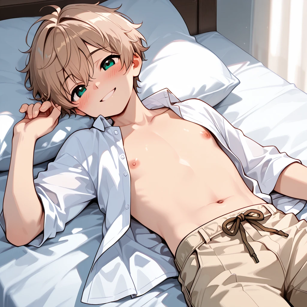 Beautiful Boy Short Hair Blonde Blue Eyes white服 Shorts Little Boyrt Handsome 3Age Lying down Top Naked belly button Red cheeks Sweat Spread your legs