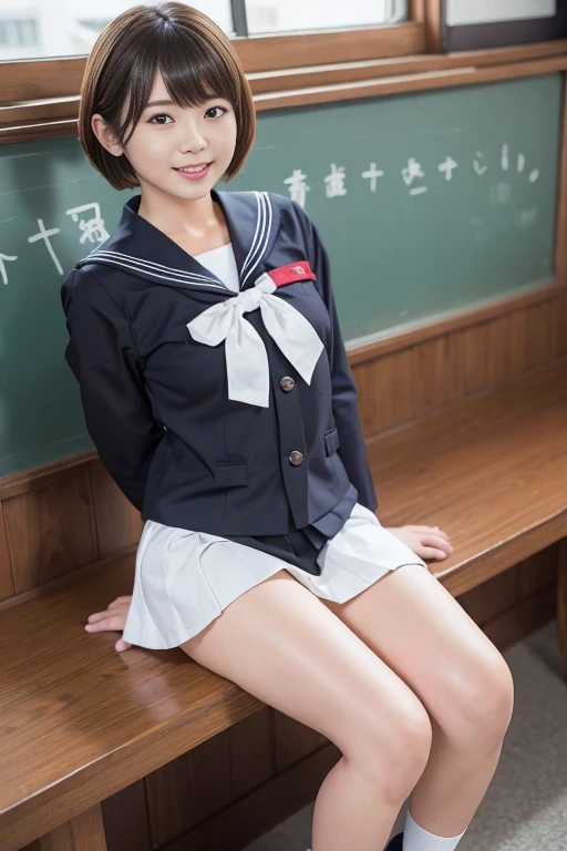 ((highest quality、8K、master piece:1.3))、draw beautiful women,、that girl、Highly exposed Japanese high school girl uniform、super mini skirt、white panties、1 girl、beautiful japanese woman:1.3、beautiful woman with perfect style:1.4、perfect eyes、gentle eyes、perfect iris、perfect skin、super detailed face、delicate eyes、double eyelid、smile、I can see my knees clearly:1.35、smile、Long sleeved Japan sailor suit、sit on a chair and open your legs、(skirt lift:1.22)、((wearing black socks and loafers;1.33))、pigtails、inside the classroom、((Chubby))