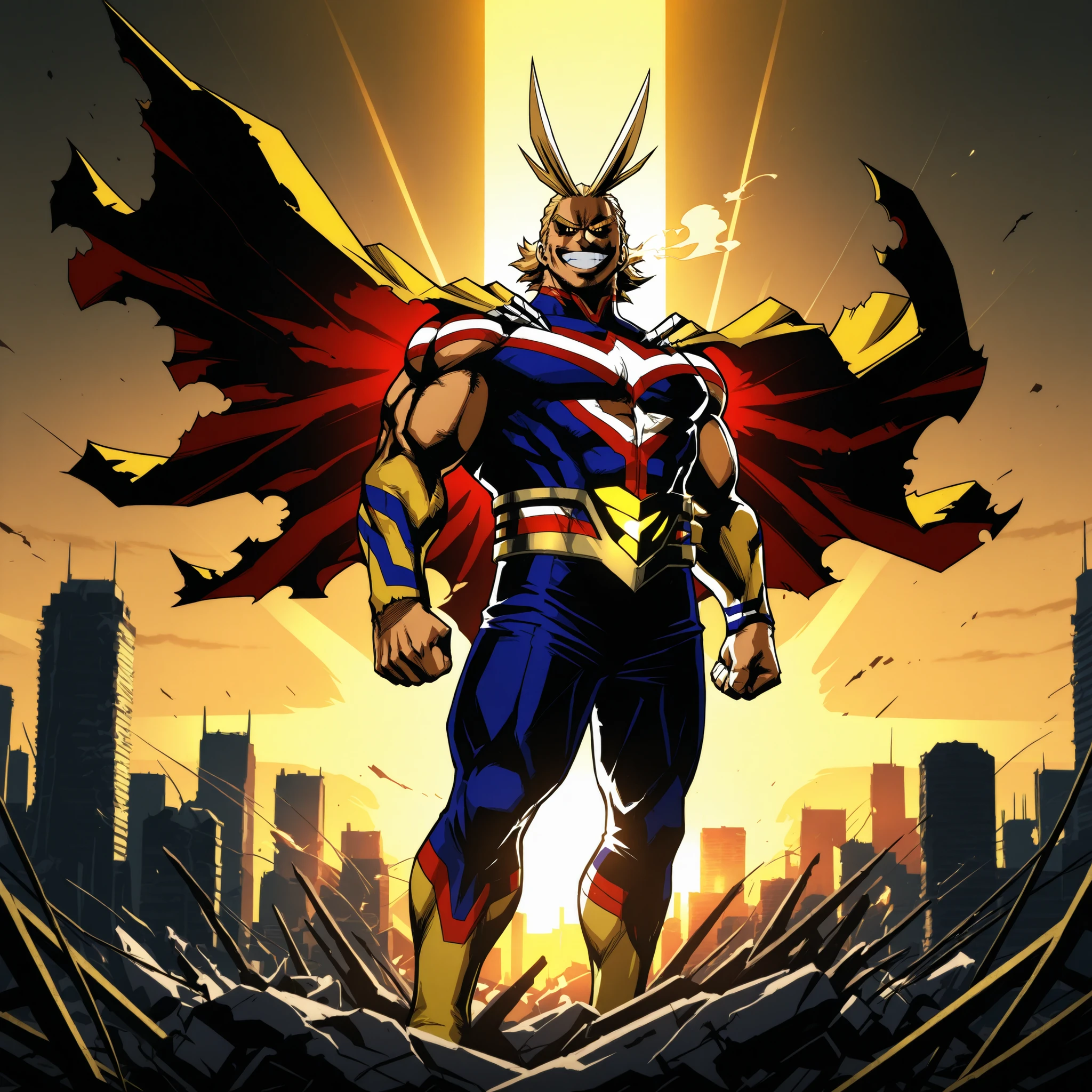 (All Might_My Hero Academia), in his iconic hero costume, standing triumphantly on top of a destroyed cityscape at sunrise, glowing with golden light, muscles exaggerated, wide heroic smile, wind blowing through his cape, anime style, ultra detailed, dramatic lighting, high contrast, cinematic angle"