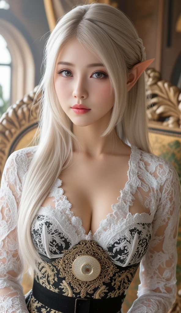 Princess, rose crown, beautiful girl, white hair, huge breasts, wearing a bare-shoulders coat, sexy post, in the crystal castle.