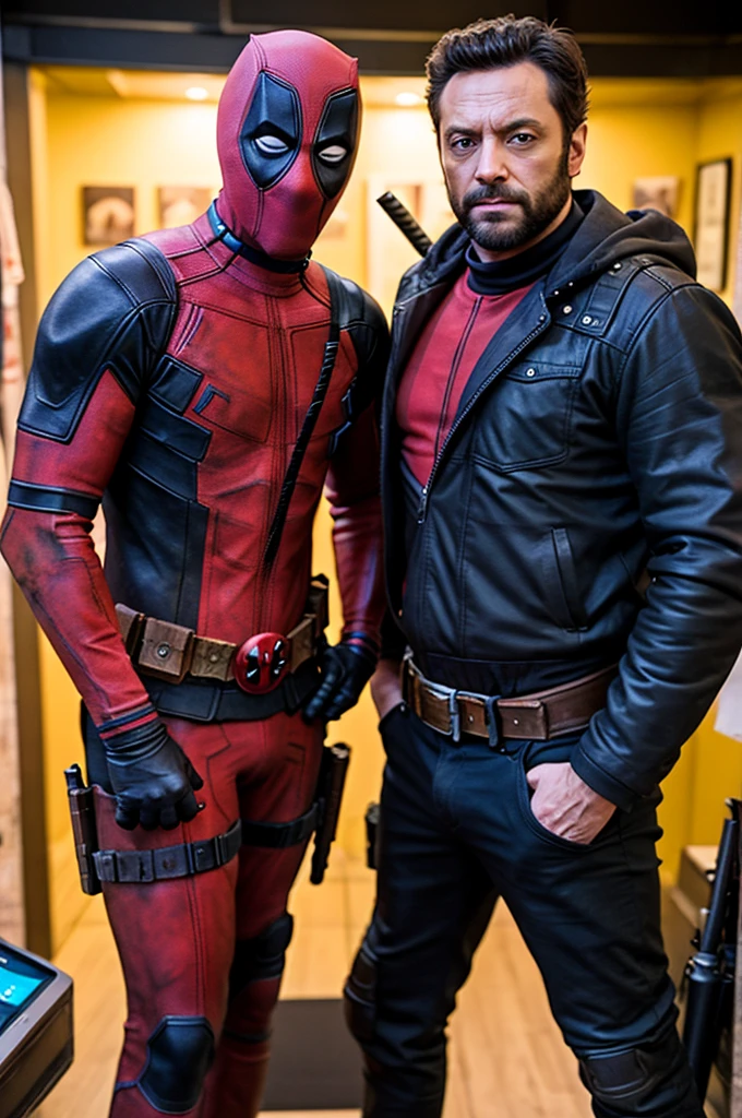 Jarosław Kaczyński as Wolverine and next to him Donald Tusk as Deadpool. Both without masks. In costumes from the movies. 