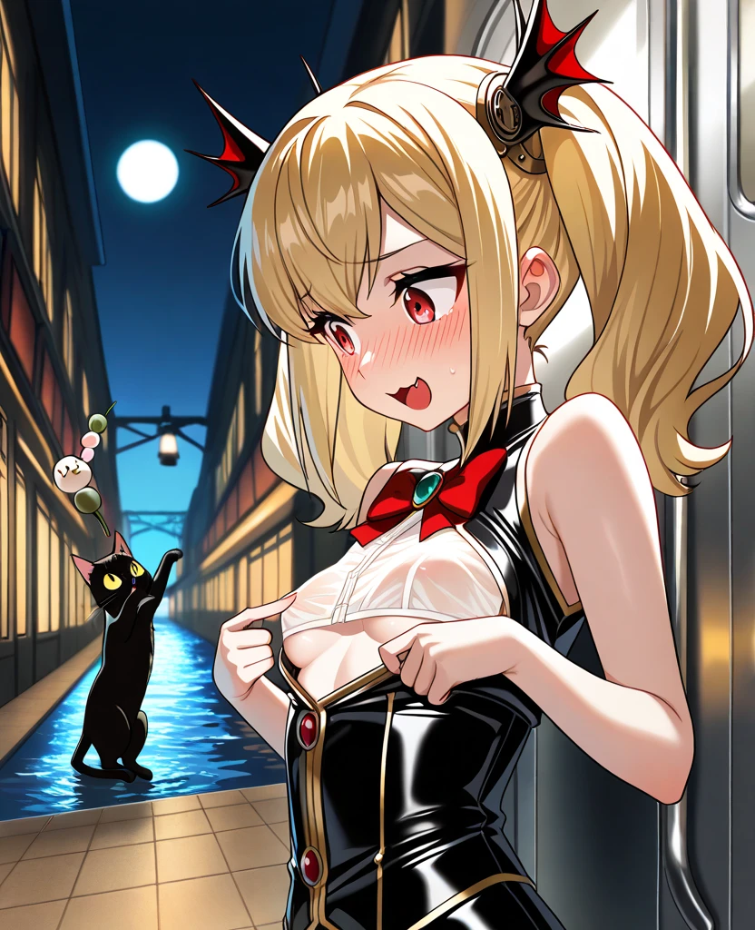highest quality,wonderful,finely,extremely detailed CG Unity 8K wallpaper, (girls, cute eyes, (Belial:1.1), clothed), (sparkling eyes:1.2), (skinny body:1.1), (huge breasts), (open mouth:1.1), (bent over), (black stockings:1.1),(Thighs:1.2),(Waistline:1.1)