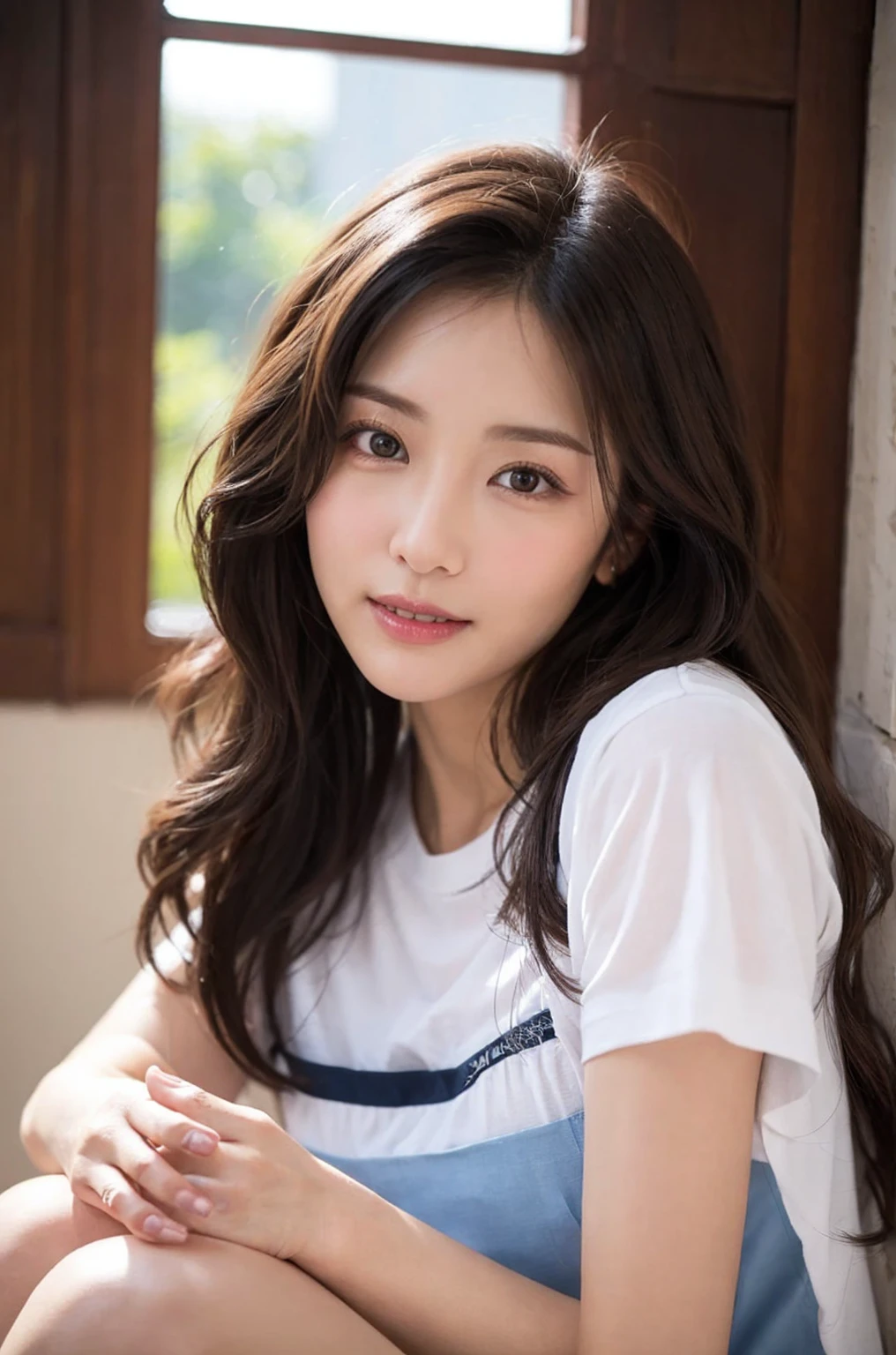 highest quality, face focus, soft light, ultra high resolution, (realistic:1.4), Raw photo, 1 Japanese girl, alone, cute, (pupil, There's a light in my eyes), detailed beautiful face, (),(High resolution details of human skin texture), (long hair), indoor, damask shirt dress, (portrait)