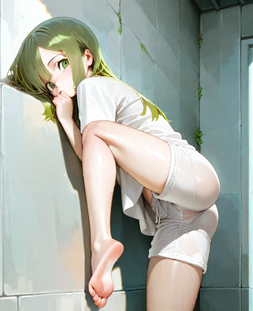 (high quality1.4), (finely detail:1.4), nsfw, 1 girl, sengoku nadeko monogatari \(series\), solo, on one knee, torn school swimsuit, small breasts, erectile nipples, (cameltoe),????, (masterpiece, best quality, 8k:1.4),