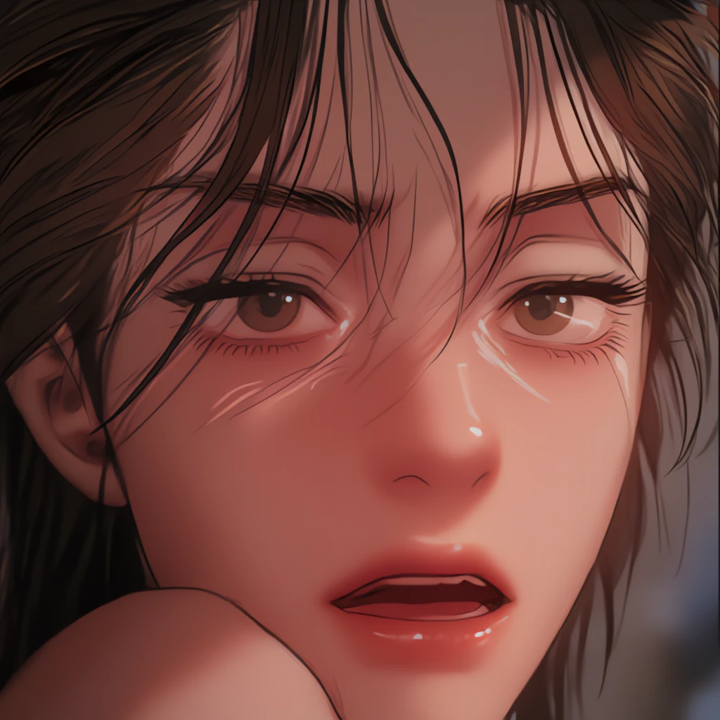 (Hyper-realistic), (Illustration), (High resolution), (8K), (Extremely detailed), (Best Illustration), Yol ( chain saw man ), (Beautiful detailed eyes), (Best Quality), (Ultra-detailed), (masutepiece), (Wallpaper), (Detailed face), Solo, Upper body, Focus on Face, A MILF, Thin eyeshadow, A detailed eye, Small moles under the eyes, Dynamic Pose, low illuminance, Night, irate、glareing、Woman straddling a man、((sweat,steam))