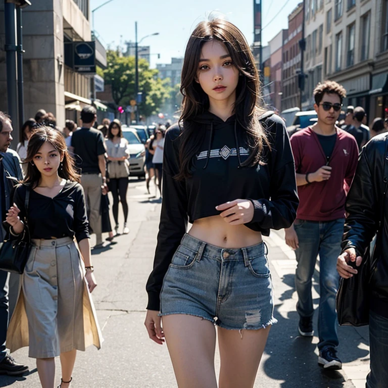 Midsummer, college student crossing traffic light, sweat, arms crossed under chest, thin shirt, thin easy pants sticking with sweat, looking hot