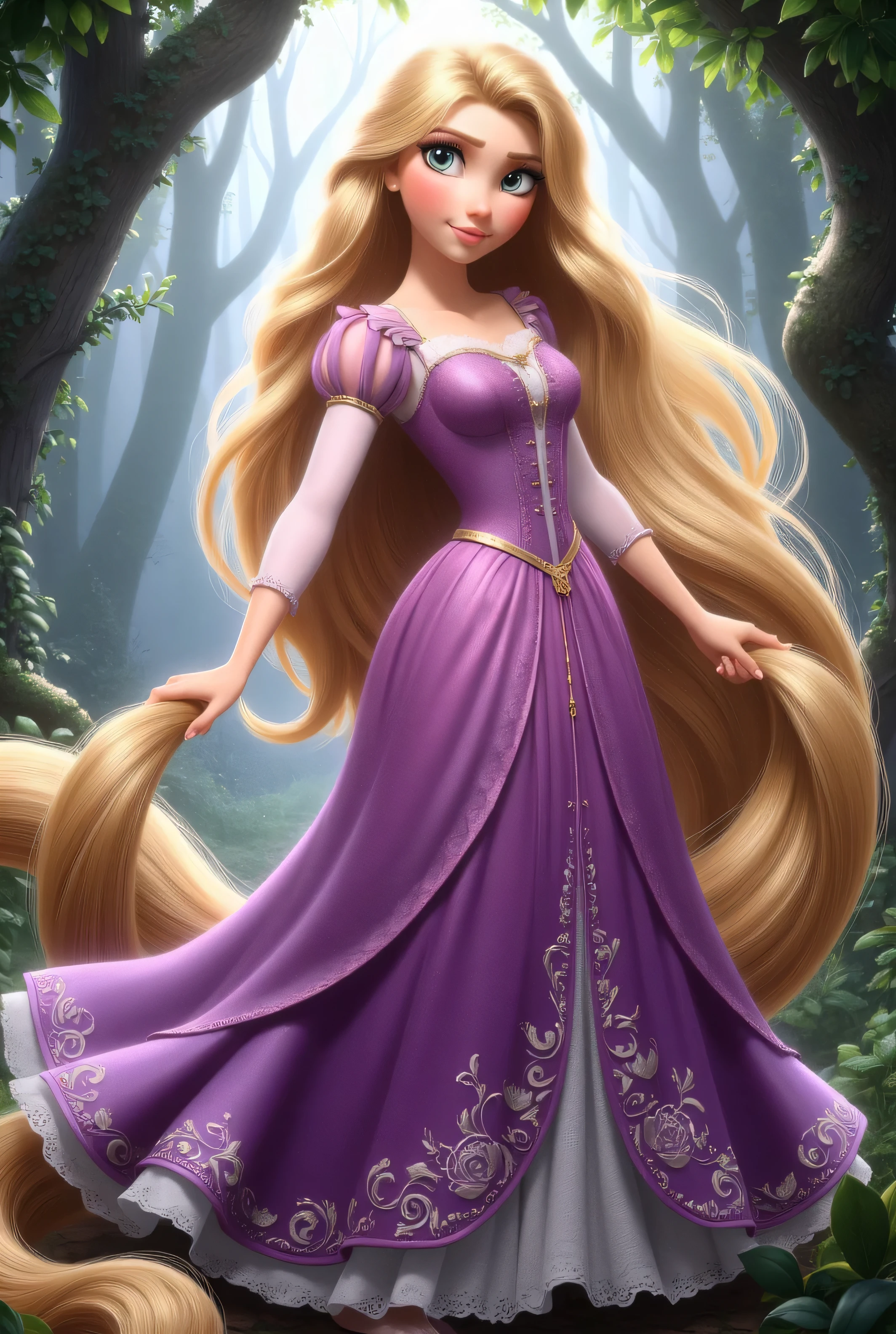 create a full-body image of Rapunzel , with long hair and purple dress