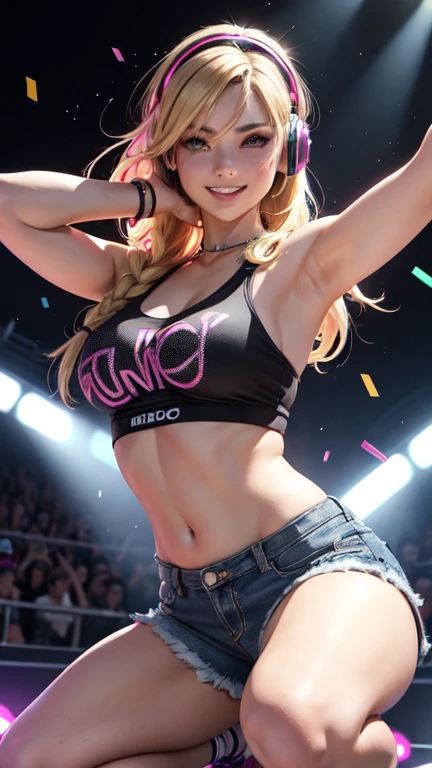 35 year old woman blonde hair with pink tips , cat ears , yellow eyes like amber, tanned brown skin, Dark skin, flirtatious smile, , medium breasts, low-cut black tops, pantheons skinny jeans, he is dancing in a nightclub, background a disco. sweaty body. perfect hands. 1 single woman.