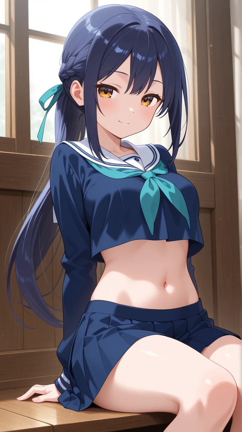 Beauty smile Embarrassed、blush、Black Sailor Suit Pure white underwear Thick pubic hair Pull up your skirt Dark gymnasium
