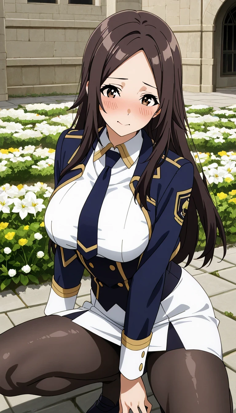 SCORE_9, SCORE_8_UP, SCORE_7_UP, Source_Anime Top Quality、8k、masterpiece、Natural Light、and high precision、Perfect Anatomy、one woman、medium breasts, sagging breasts:1.6, voluptuous body, (nu), parted bangs, brown hair, long hair, brown eyes, (Happy Expression、I'm a little embarrassed)、school uniform, open jacket, cropped jacket, navy jacket, gold trim, white shirt, long sleeves, navy corset, white skirt, tight pencil skirt, navy necktie, pantyhose, ((School Courtyard、flower bed)),squatting, sexy pose