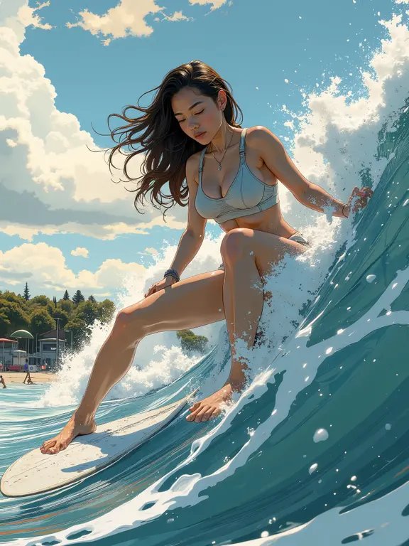 Naked Araffe woman crouches on a surfboard in the ocean, como modelo surfista, modelo latinas, surf, yasumoto oka, Young and pretty gravure idol, Yoshitomo Nara, young gravure idol, shiina mayuri, modelo desnuda diosa, sol brillante, ultra realista