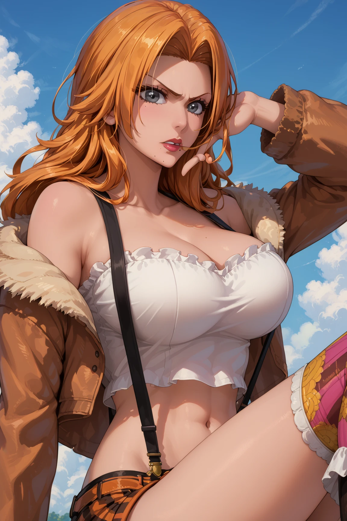 Big breasts, she is a Milf, Busty ((beautiful and cute 28 year old woman)), (((((light red, wavy hair with prechilia in her hair))))), double doubles, yellow, light eyes and detailed, hyper detailed, light effect on the eyes, detailed iris, sensual body, perfect waist, (((She is wearing an unbuttoned shirt and denim shorts, wearing stylish glamorous black coat, cleavage))), ((masterpiece, hyper realistic, hyper detailed, best quality, 16k, light and shadow on the skin, vivid colors)), eyeliner, sensual expression, perfect lips, innocent and sexy face, ((skin with light and shadow), beautifully seductive and embarrassed woman, pink lips parted, sensual expression, cheeky smile ((she's a beautiful milf)), looking at the viewer, on the snowing street, half sideways pose, relaxed, horny
