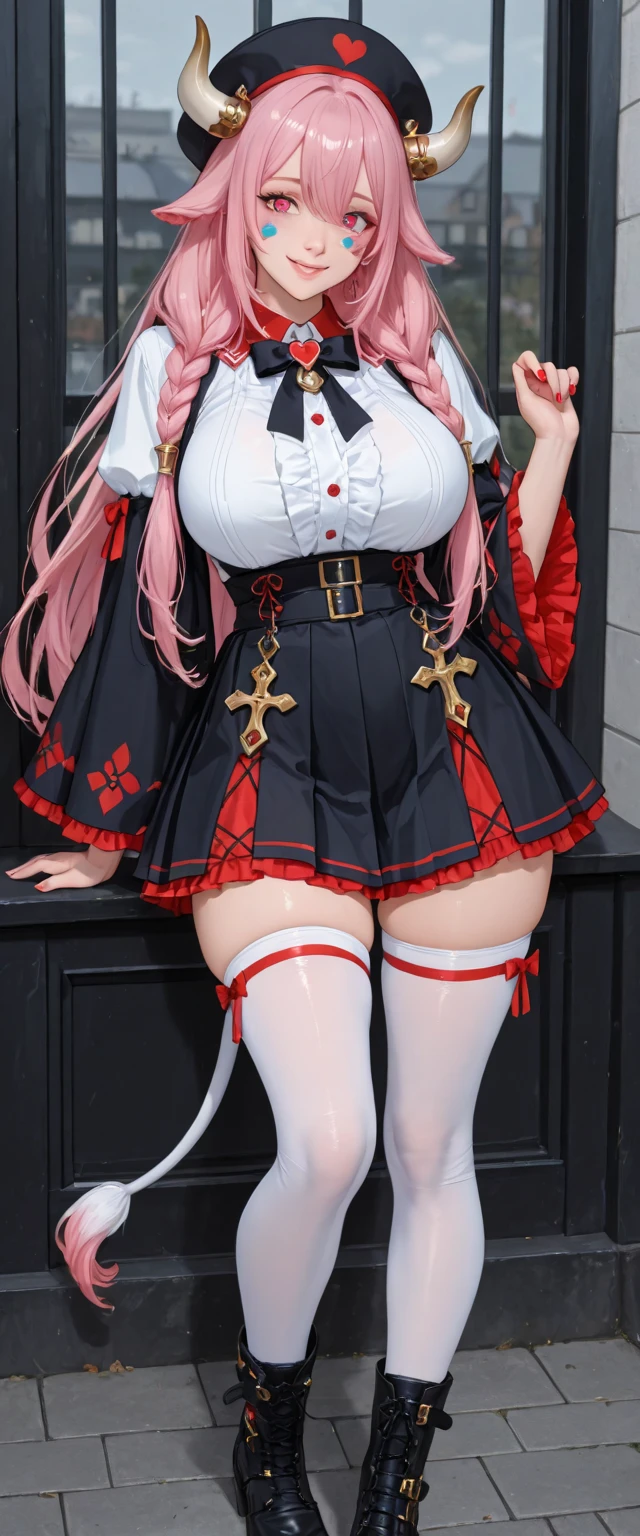 1girl, white hair, from below, looking down, pussy, hourglass figure, ((white lingerie)), ((lingerie)), (thick thighs), ((naked pussy)), nipples, (sweaty), ((horny)), red blazer, hat