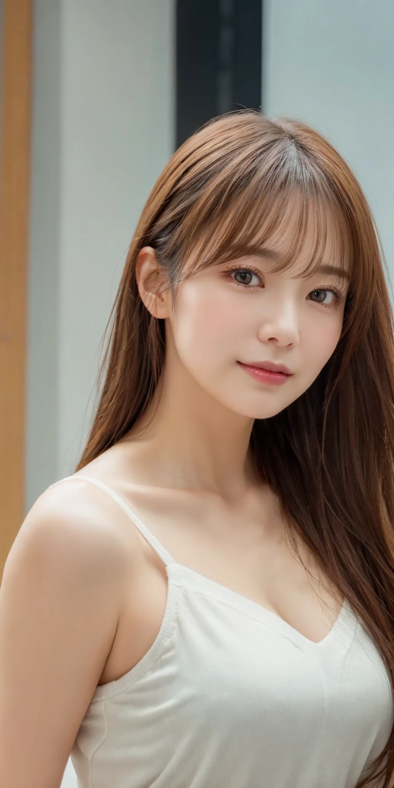 best quality ,masterpiece,ultra high res,(photo realistic:1.4), 1 girl, looking at viewer, Wearing sleeveless knit, korean famous actress, very beautiful,kawaii, Cinematic, 35mm lens, f/ 1. 8, accent lighting, 8k, in Japan, huge breast, big tits, slender waist,