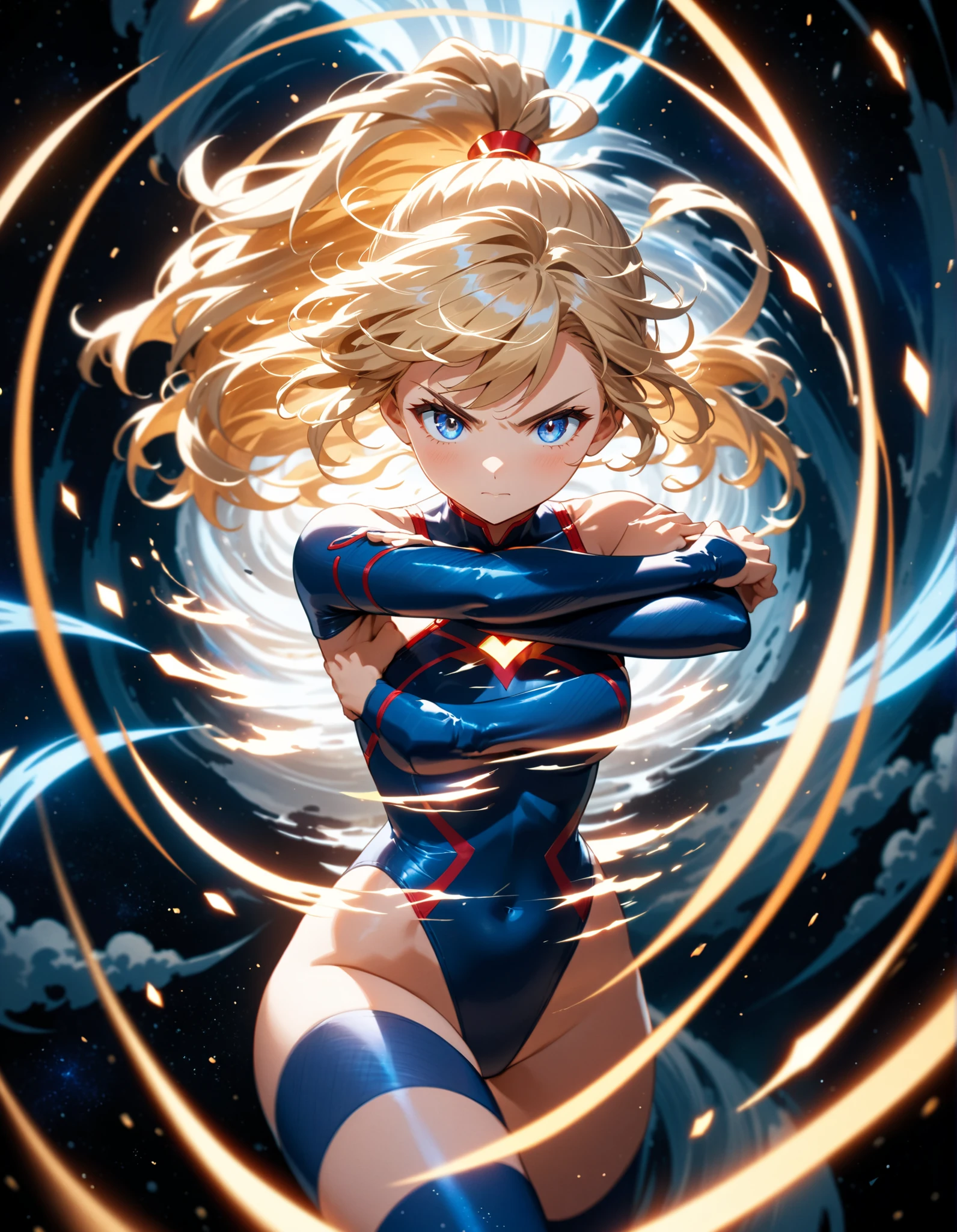 Japanese Anime style, super fine illustration, highly detailed, dynamic angle, beautiful detailed, pretty & charming anime girl with blonde straight short hair & blue eyes & a smile wears a swimsuit, blue lights, solo, perfect fingers, Japanese  anime style.