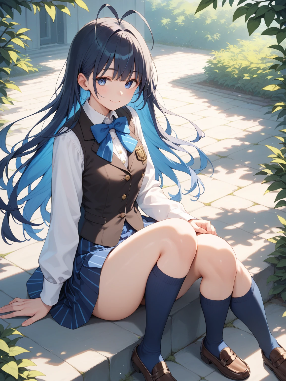 extremely fine and beautiful, Anime style, Cute Girl, standing split, Standing on one leg, 1girl, Long hair, Yellow Ribbon, White shirt, White panties, blue necktie, Blue skirt, black kneehighs, (Thigh thin: 1.1), plein air