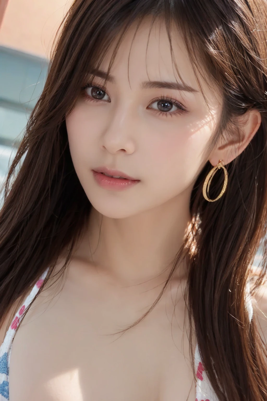 Beautiful Young Woman of the Year、 Korean women、Brown Hair、Necklace around the neck、Woman in swimsuit、Intricate details, Very detailed:1.2), 、 Looking into the camera,background is indoor pool、ear piercing 、

