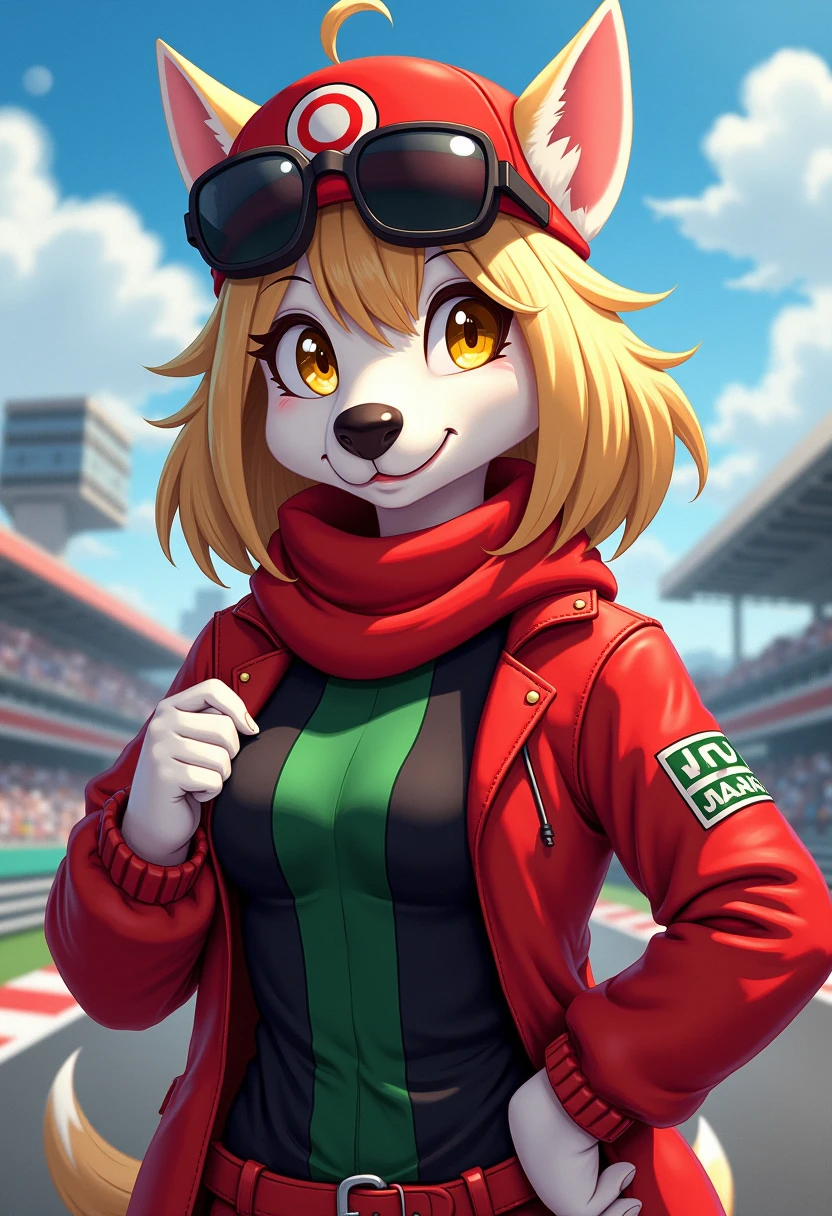 (<lora:CocoBandicoot1:1>),(1girl:1),(animal ears:0.961),(blonde hair:0.78),(blue sky:0.975),(small breasts:0.981),(building:0.952),(city:0.815),(closed mouth:0.715),(cloud:0.971),(day:0.98),(furry:0.941),(furry female:0.963),(green eyes:0.925),(hand on hip:0.937),(hands on hips:0.966),(long hair:0.853),(looking at viewer:0.633),(outdoors:0.967),(sky:0.989),(skyscraper:0.862),(smile:0.902),(solo:0.997),(standing in a crowded street with people watching),(standing:0.709),(tree:0.596),(coco bandicoot),AS-Young,coco bandicoot in a racing suit,
