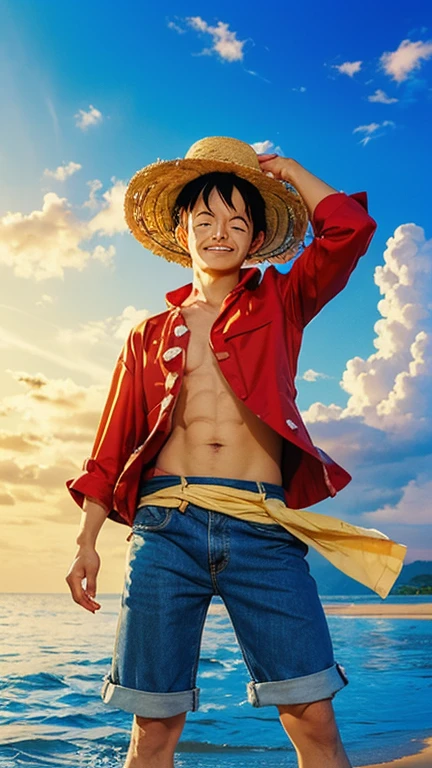 dinamic pose, macho, corpo inteiro, can dynamic, cicatriz abaixo do olho, chest scar, ( estilo pirata pronto para luta ), Luffy tem cabelos pretos desgrenhados, round black eyes and a thin muscle build. He is renowned for his trademark straw hat, which was lent to him when he was young by the legendary pirate captain, "ruivo" Shanks,[35] que por sua vez o recebeu do Gol D. Roger. [43] Luffy usa um vermelho aberto, Long-sleeved cardigan with four buttons, com uma faixa amarela amarrada na cintura (lembrando um pouco a roupa do Gol D. Roger). Luffy also has a scar under his left eye), which he earned as a child by stabbing his face to show Shanks that he was tough enough to be a pirate. [44] Ele foi gravemente ferido por Akainu na Guerra do Cume de Marineford,[45] deixando uma grande cicatriz em seu peito. [46] (fundo praia palmeiras, dia ensolarado ), realista, detalhado, Child boy, jovem, cabelo preto liso curto, olhos pretos, olhar arrogante, olhos realistas, rosto detalhado, detailed hands, Suado, pernas detalhadas, dedos detalhados, cabelo detalhado, olhos detalhados, pele detalhada, dynamic lighting, (fotorrealista: 1.4), 8k UHD, (Hiper realista), (fotorrealista), (obra-prima), (melhor qualidade),  (( fundo praia )), corpo perfeito, chest scar, usando jaqueta vermelha, blue shorts and hat. sem pelos pubianos, raiva,