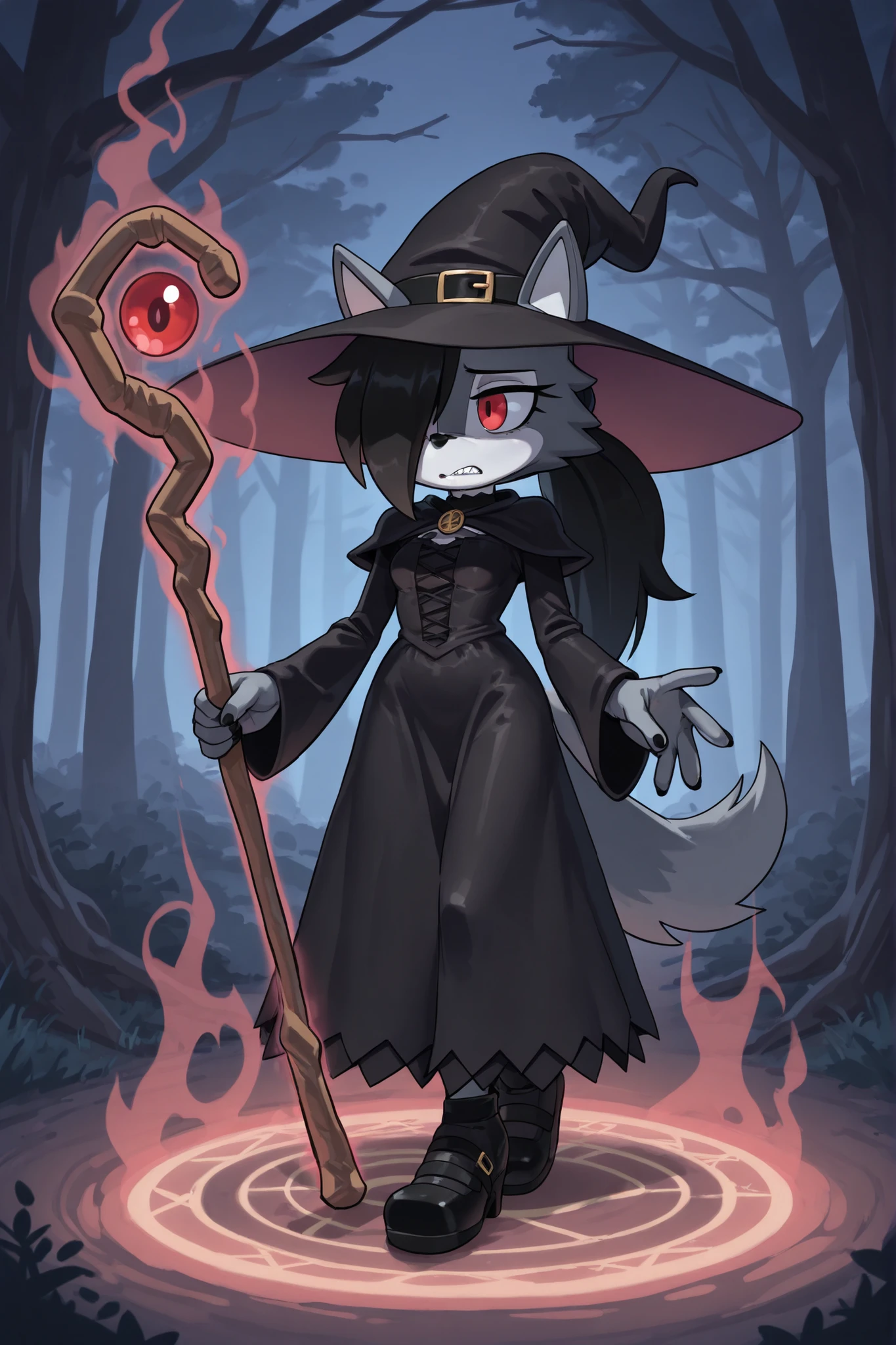 furry girl, wolf, black hair, punk hairstyle, long spiky ponytail, anime style, small breasts, red eyes, black witch tunic, open clothes, black gothic bra, black skirt, witch hat, dark tower, night sky, Moon, high quality, detailed body, detailed eyes, detailed face, masterpiece, glistening body, shiny body, detailed body fur, best quality, two tone body, gray fur, clear gray fur, skinny, :3, sassy face, purple fire magic on palm hand, purple fire magic particles, magic wand on hand,