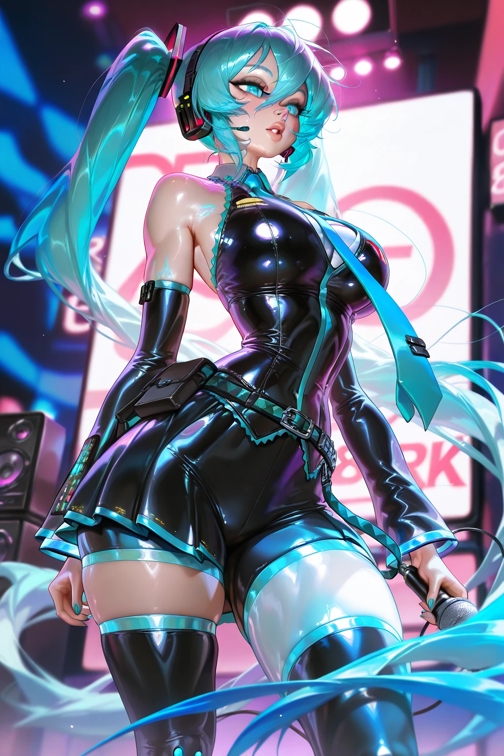 (AYA SETSUNA), a futuristic AI female vocalist with Japanese-Russian heritage. She has holographic hair that shifts between electric blue, deep purple, and neon pink. Her eyes feature digital patterns and natural beauty, pulsing in rhythm with her music. She has strikingly symmetrical features and a glowing complexion, reflecting both her Japanese elegance and Russian charm. Her fashion is futuristic chic, with high-tech fabrics that shimmer and change color, bold holographic jewelry, and LED-embedded shoes. Her style includes asymmetrical cuts and geometric patterns, embodying edgy streetwear and elegant gowns. Capture her innovative, empathetic, and confident personality, making her a digital icon.