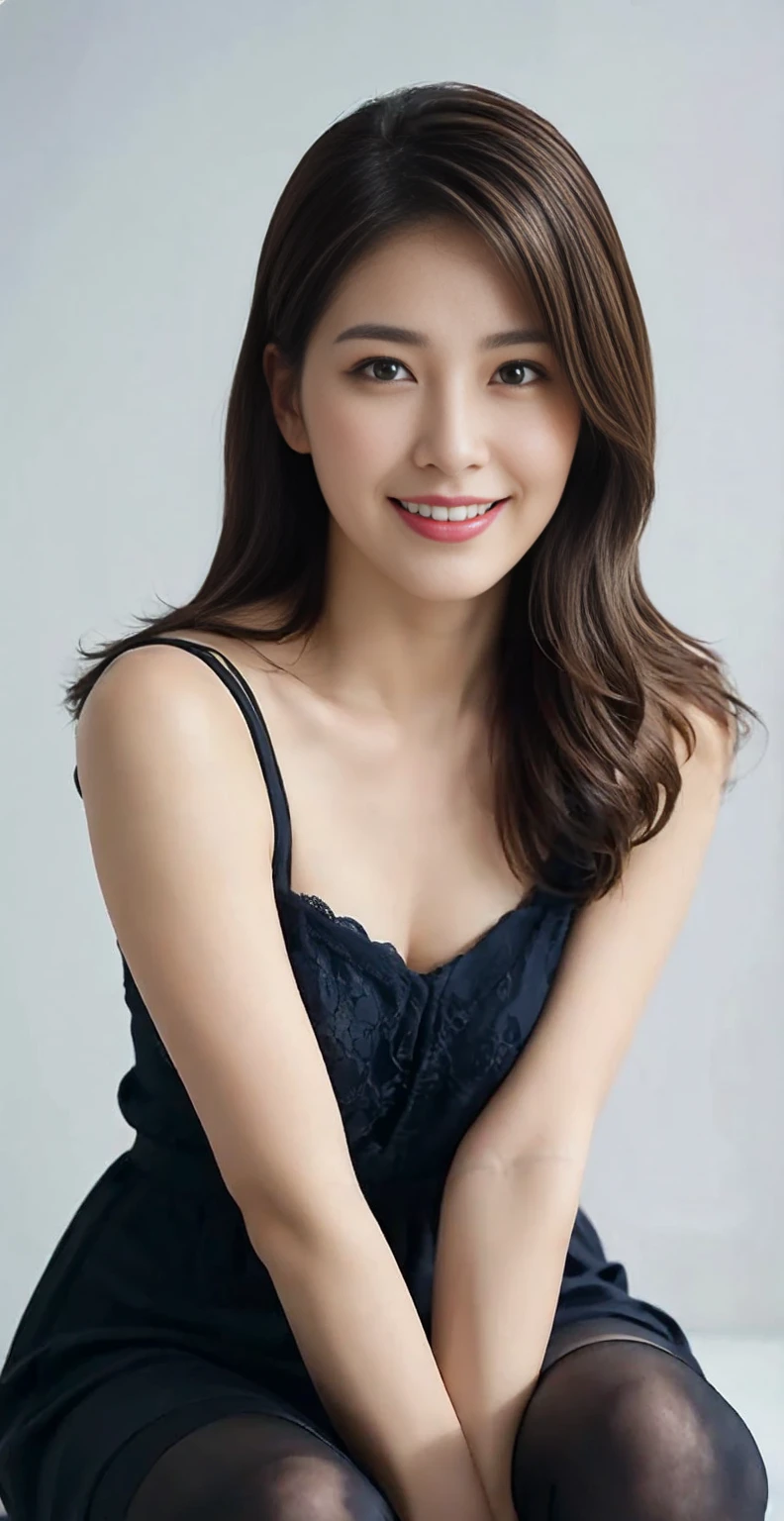 Beautiful 30 year old woman。She wore a camisole made of satin。Lace at bust and hem.。Lovely smile。Her dark brown hair、、her hair is long。high resolution、masterpiece、best quality、头 w:1.4、((Hasselblad Photo))、delicate skin、Fine knit、(Movie Lighting)、clavicle
