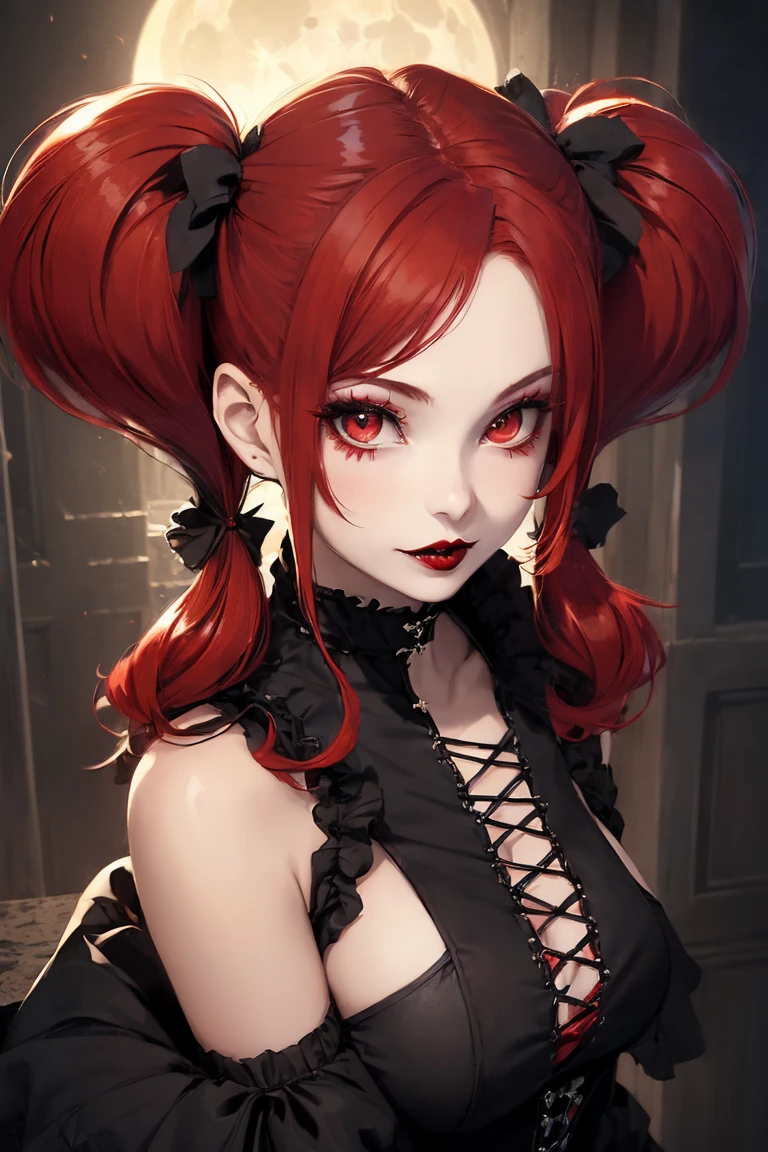 best quality, 4K wallpaper, masterpiece, extremely detailed CG unity 8k wallpaper, extremely detailed eyes, ultra-detailed, 1girl, solo, medium breasts, Ollie, zombie_skin, multicolored hair, multicolored eyes, twintail hair, earrings, style-bridal, outdoors, night, graveyard, looking at viewer, smile, standing, crossed legs, upper body,