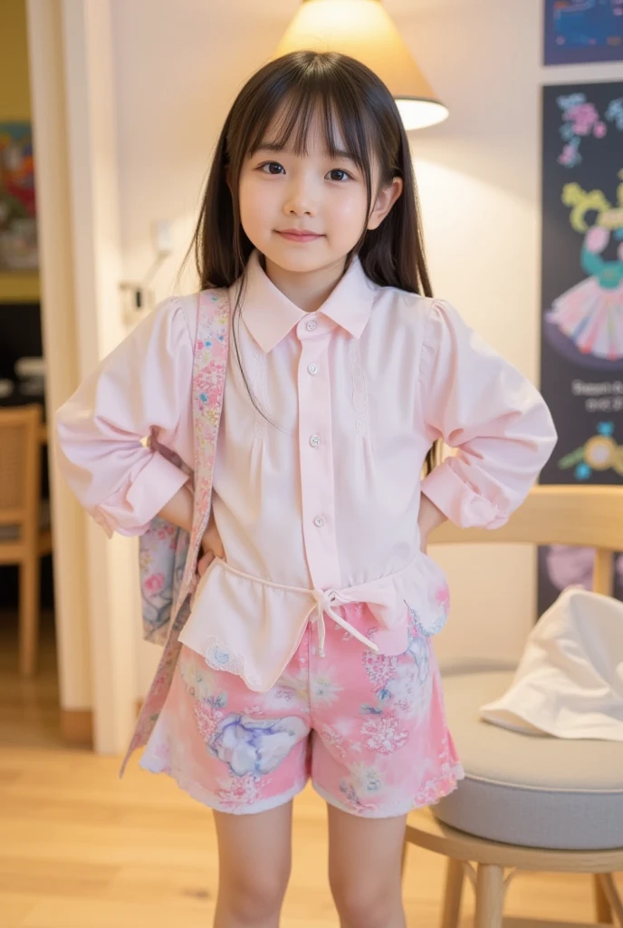 best quality, masterpiece, ultra-detailed, highly detailed, realistic, real, , an extremely delicate and beautiful girl, 1 girl, adorable girl, , small brearefoot, ((long pants)), 10 years ol