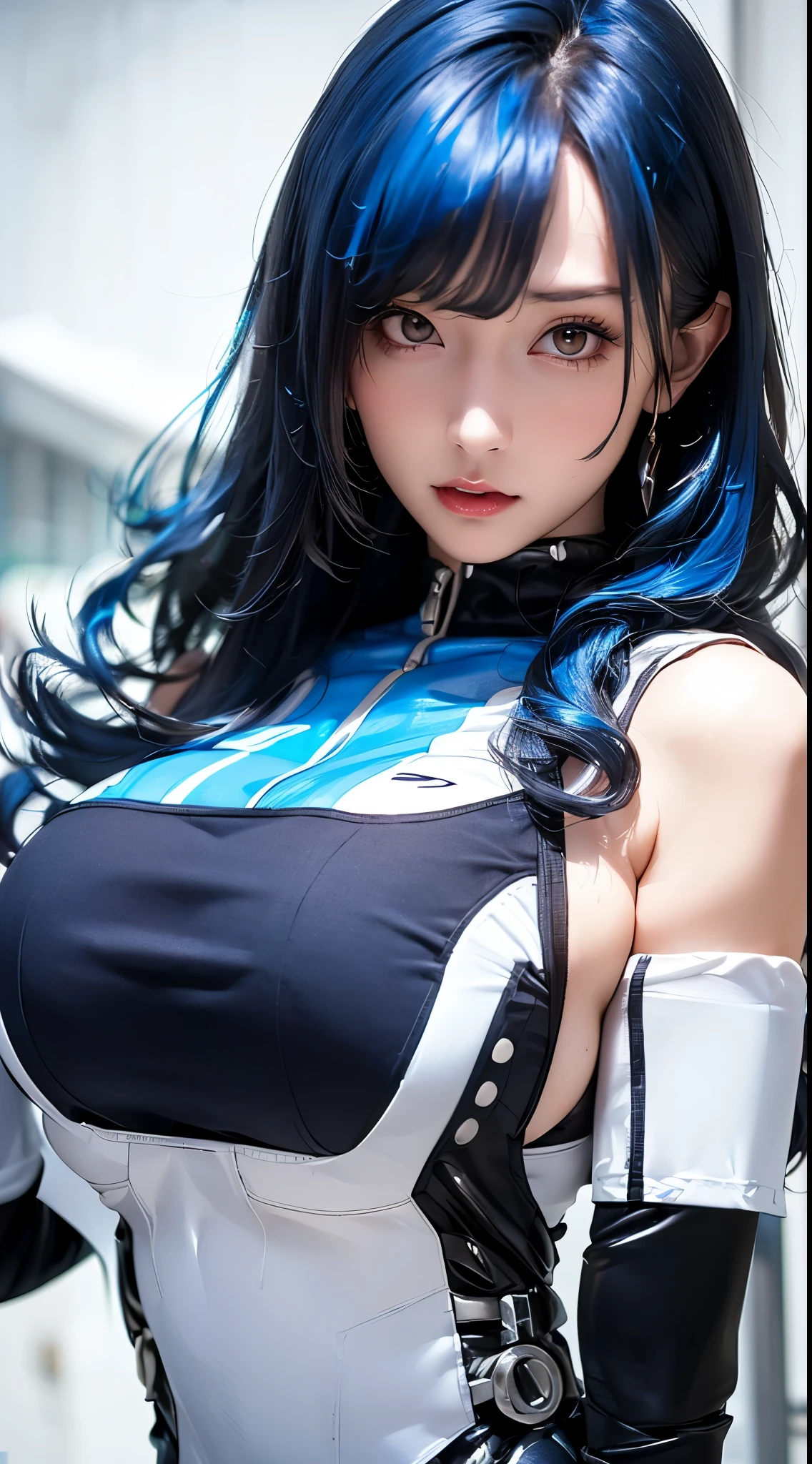 (April girl with beautiful lines wear :1.3),(hyper star :1.3),(gigantic breasts with future:1.2), (melt uniform with emblem:s1.3),(beautiful shiny skin:1.3),(bangs:1.2),(blue hair color:1.2),(empty hurt:1.3)