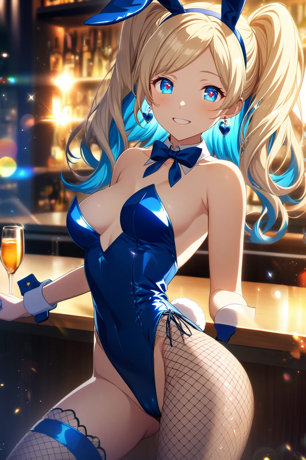 ((Best Quality)), (ultra-detailliert), ((Extremely detailed)), (Beautiful), ((Kawaii Girl)),(two side up hair)、((masutepiece)), ((Platinum Blonde Hair)), Long hair, Hair between eye, Wavy Hair, Long sideburns, Jade colored eyes, White skin, Colossal tits、(Rabbit ears), Slender body, ((Blue)) ((Playboy bunny)), Fishnet tights, High heels , ((Casino)), Standing, One Woman, Anime