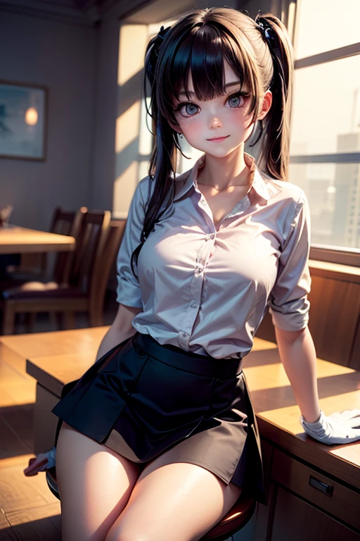 a woman wearing a black skirt, black sheer nylons, high heels, and a skimpy white blouse in a cafe, looking cute and at the viewer, realistic, high quality, 4k, photorealistic, detailed facial features, beautiful detailed eyes, beautiful detailed lips, extremely detailed face and eyes, long eyelashes, warm lighting, cinematic, elegant, sensual, atmospheric cafe interior, delicate, feminine